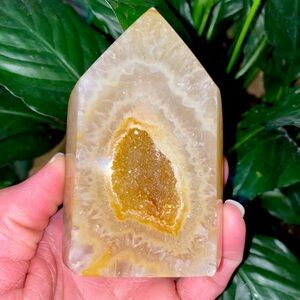 One of a Kind Natural Yellow Druzy Agate Obelisk Tower